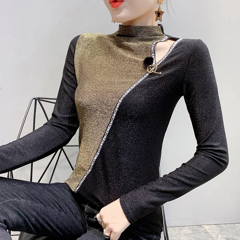 

Autumn 2019 Color Block T-shirts Women Shiny Bling Bling Patchwork Stretchy Tops Bottoming Long Sleeve Camiseta Mujer T99291