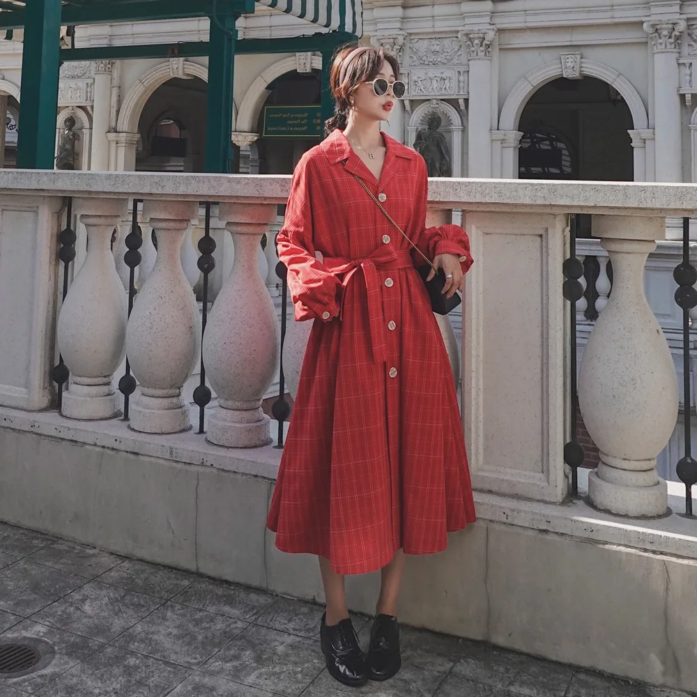 

Photo Shoot French Laziness-Style Single-Breasted chen yi qun 2020 Season Spring New Style Waist Hugging Lace-up Plaid Dress Wom