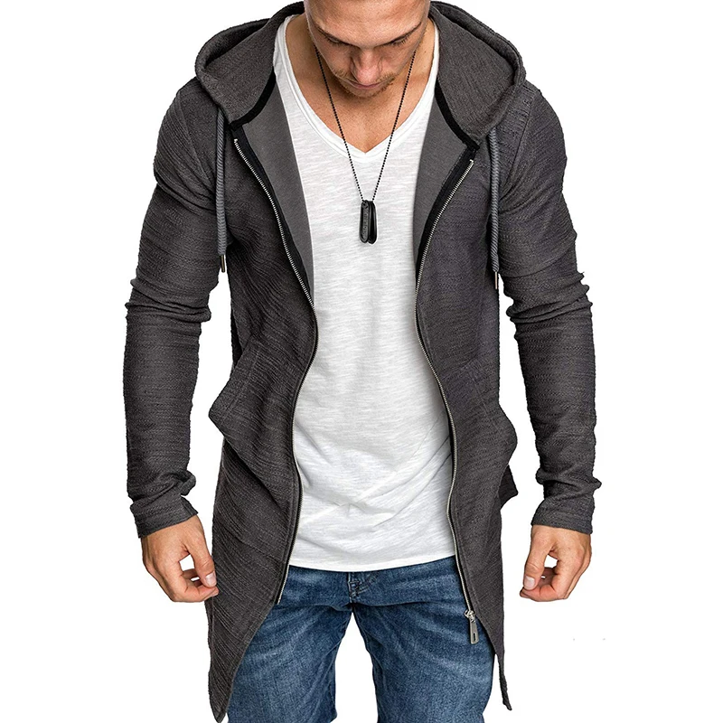 Men Clothes 2019 Zipper Cardigan Hooded Jacket Men Trench Coat Men Streetwear Longline Dovetail Hem Men's Jacket
