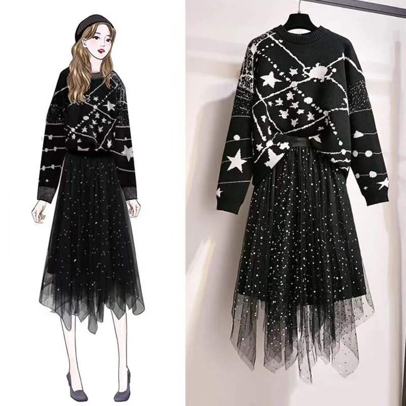 

Women Casual Warm Knitted Two Piece Suit Plus Size Loose Thick Sweater Top + Slim Irregular Mesh Skirt Office Lady Christmas Set