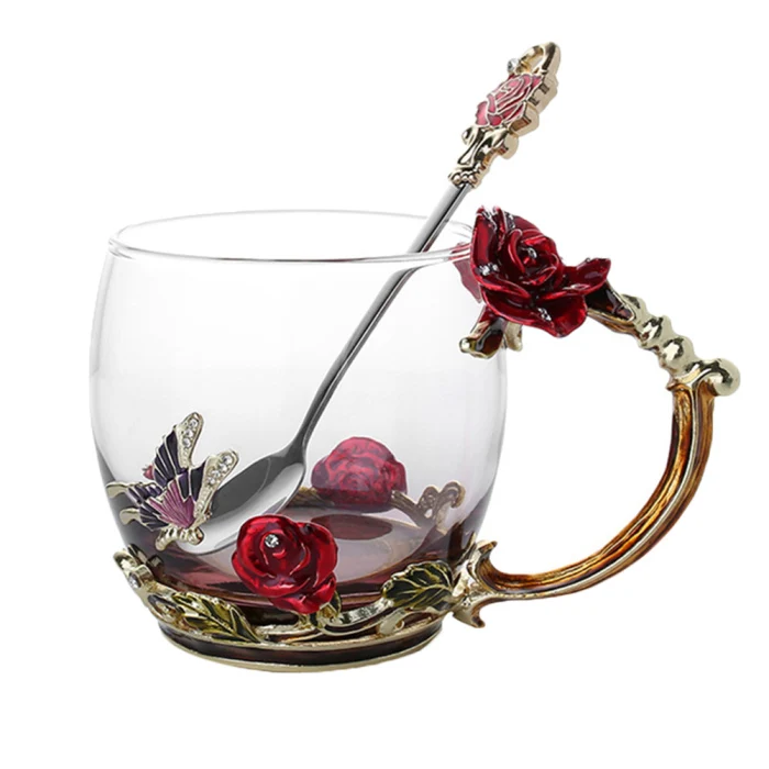 Эмаль кофе чай чашка кружка 3D Роза бабочка стеклянные чашки свадебный подарок QP2