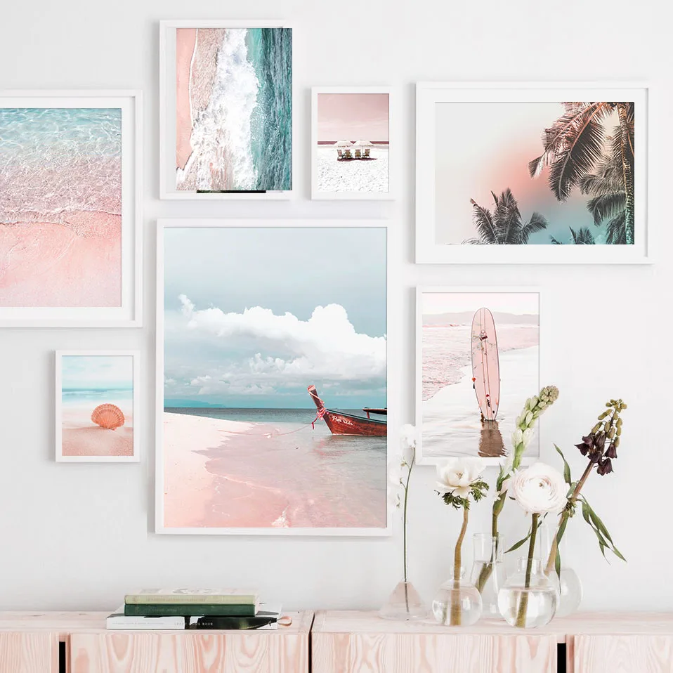 Scandinavian Pink Seascape Beach Shell Parasol Rowboat Leaf Poster and Prints Wall Art Canvas Painting for Home cuadros Decor | Дом и сад