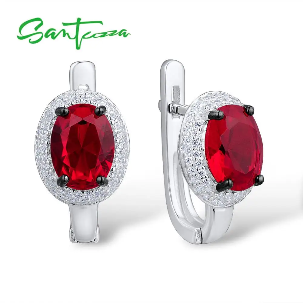 

SANTUZZA Silver Earrings For Women Genuine 925 Sterling Silver Sparkling Red Stone White CZ Stud Earrings Trendy Fine Jewelry