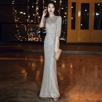 

AE732 Arabic Little Mermaid Long Evening Dresses Elegant O Neck 3/4 Sleeve Sequined Champagne Formal Party Dresses