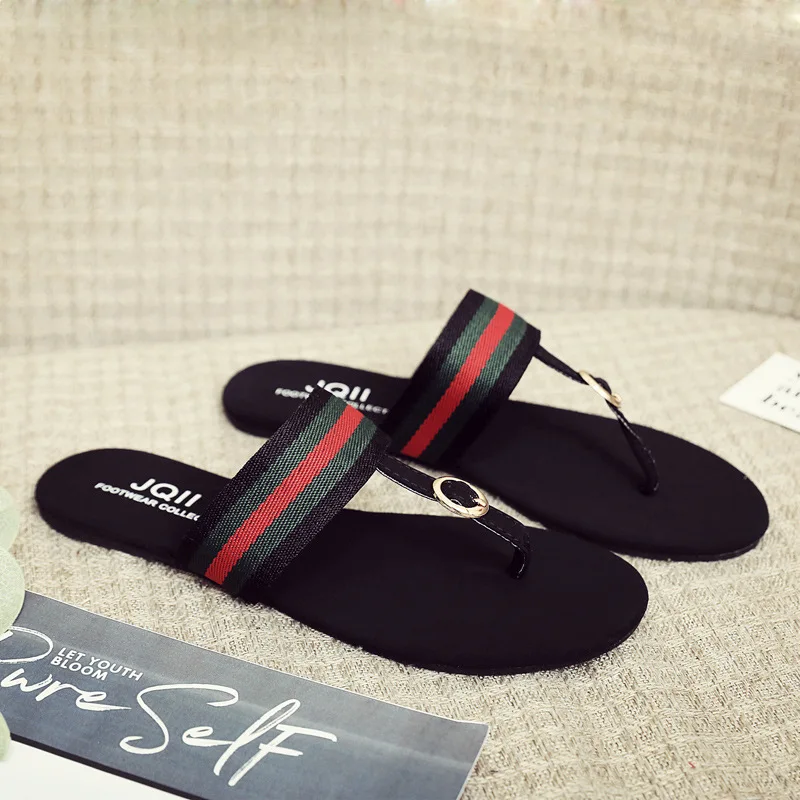 

Women Summer Non-slip Striped Riband Slippers Women Flat Beach Flip Flops Girl's Fashion Designer Slides Lady's Home Slippers