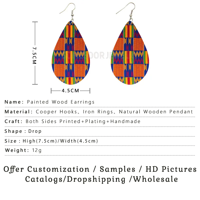 SOMESOOR 2021 New Pattern Tear-Drop Shape Irregular Line Double Sides Printing Dangle African Wooden Earrings For Women