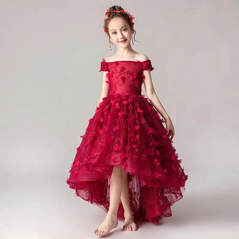 Vestido elegante rojo vino sin hombros para niños, vestido de fiesta de  cumpleaños, boda, flores, graduación, verano 2021| | - AliExpress