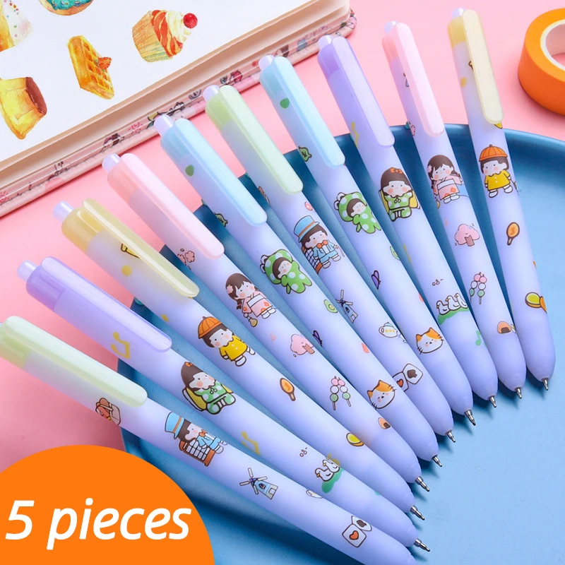 

5 Pcs/Set Color Gel Pen 0.5mm Cute Black Signing Exam for School Student Kawaii Daily Writing Stationary Hand Account Painting