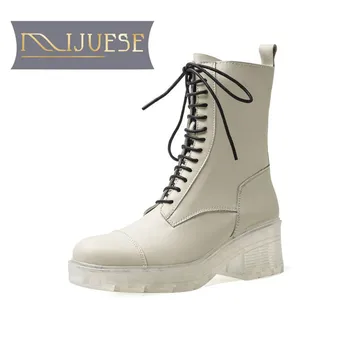 

MLJUESE 2021 women Ankle boots Cow leather winter short plush Round Toe Zipper High heels female Riding boots size 39