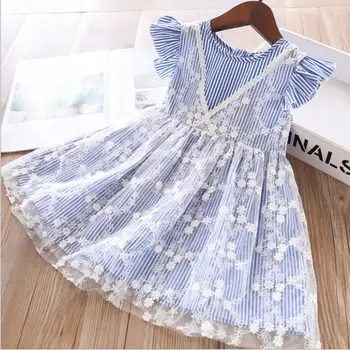 

2020 summer girls v collar striped lace cotton party tutu dress kids dress for girl wholesale