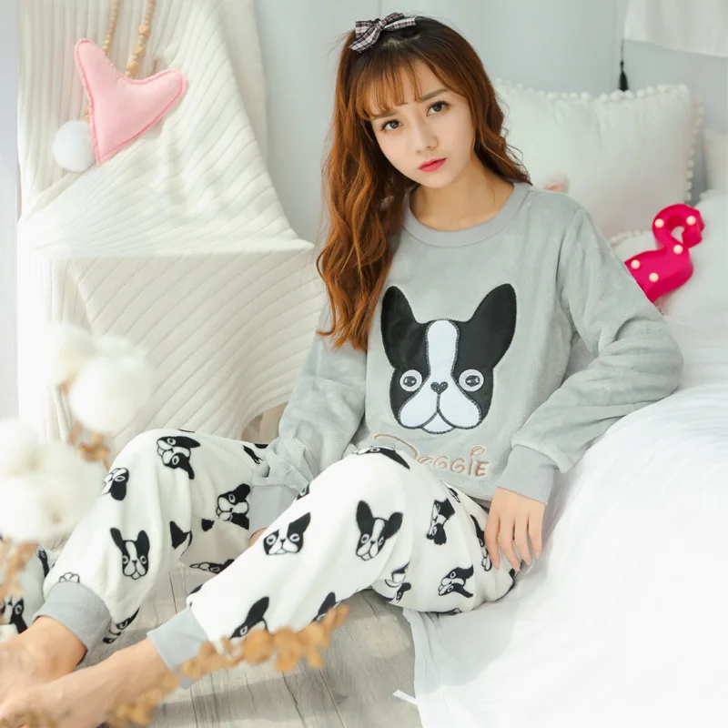 

Winter Single Female Send Storage Bag Cartoon Deer Deer of Flannel Pajamas Long-sleeve Suit Women's Home Wear