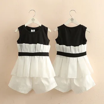 

2020 Casual 3 4 6 8 10 12 Years White Black Patchwork Chiffon Baby Kids Girls Summer Sleeveless Vest + Shorts 2 Pcs Clothing Set