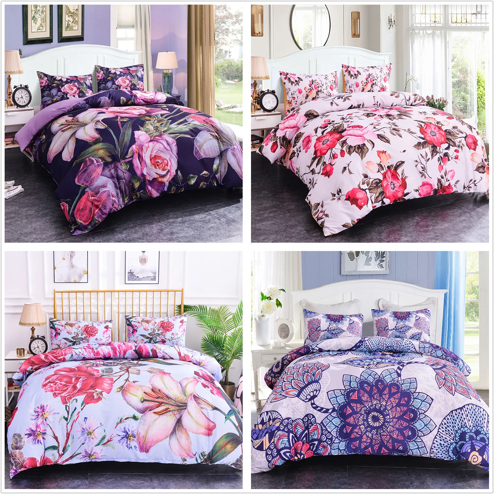 Retro Flowers Print Bedding Set Duvet Cover Bedclothes Queen Quilt