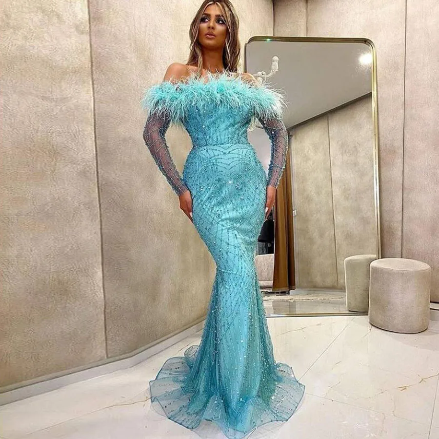 

Charming Turquoise Mermaid Evening Dresses Bead Feather Long Prom Gowns Off The Shoulder Formal Party Dress Robe De Soiree 2023