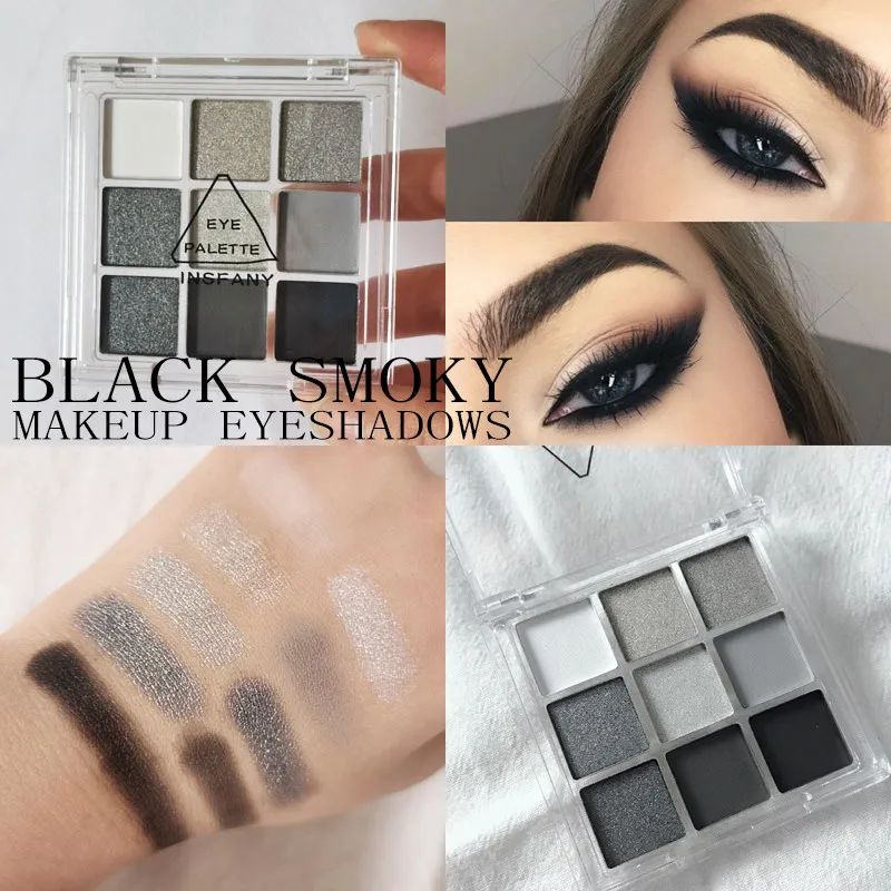 9 Colors Cool Toned Eyeshadow Palette Black Smokey Palette Matte Glitter Eyeshadow Smoky Eye Shadow Eye Pigments Palett