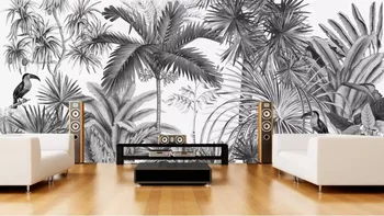 

Custom wallpaper creative retro hand-painted black and white jungle mural TV background wall-waterproof material