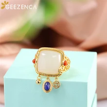 

925 Sterling Silver Hetian Jade Gold Plated Ring Fine Jewelry for Women Agate Lapis Lazuli Open Rings Ethnic Vintage Party Gift