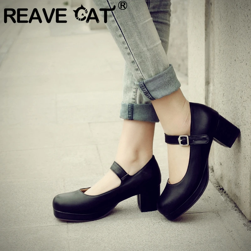

REAVE CAT New 2021 Ladies Pumps Simple Round Toe 5.5cm Heels Platform Buckle Big Size 30-48 Office Casual Summer Pink A3305