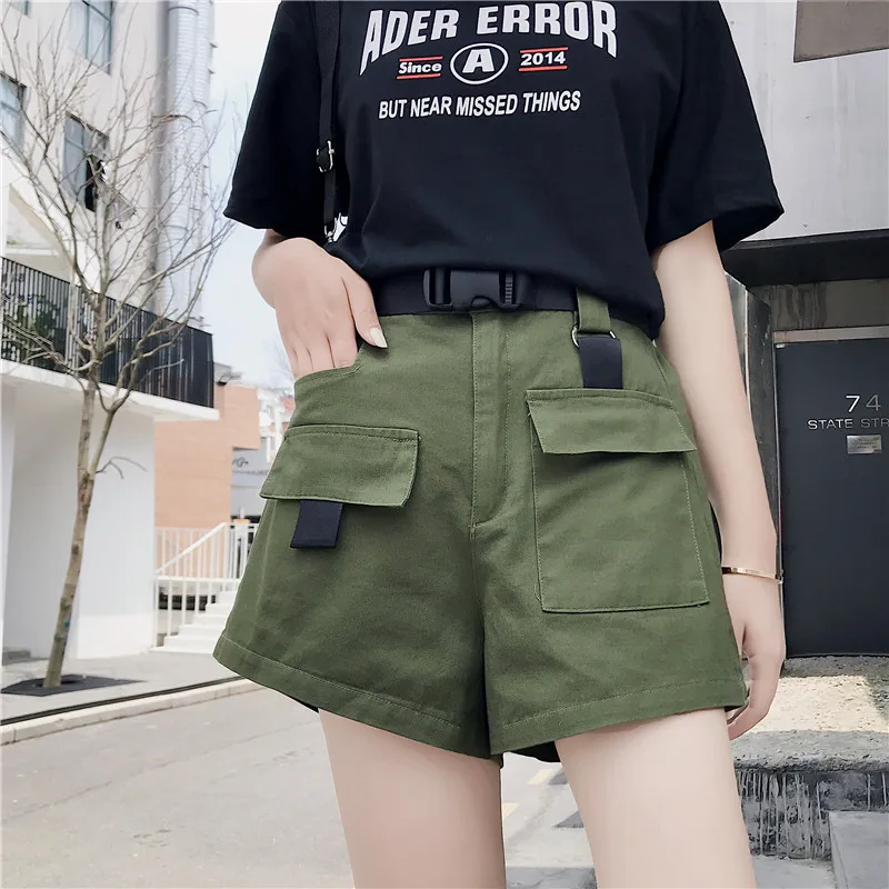 Новые летние женские шорты Карго корейская мода Высокая талия мини шорты с карманом отправить пряжки ремень повседневные женские шорты