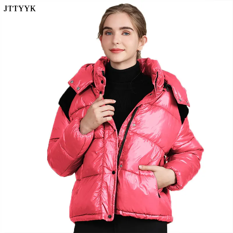 

2020 New Winter Women's Cotton Coat Glossy Short Hooded Cotton Parker Jacket Female Color Block Bread Jackets Thicken Warm Coats