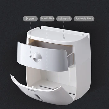 

Hot Wall-Mounted Bathroom Tissue Dispenser Waterproof Tissue Box Multifold Paper Towels Storage Box with Drawer Phone Holder