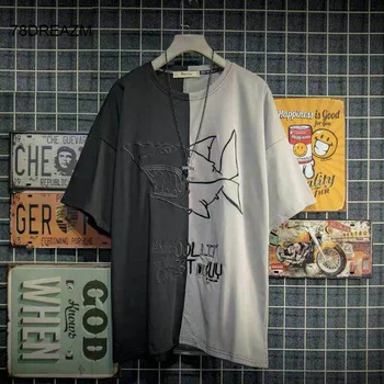 

Japanese Hip Hop Shark T-Shirts Funny Embroidery T Shirt Cool Harajuku Tshirt Streetwear Summer Half Sleeve Patchwork T Shirts