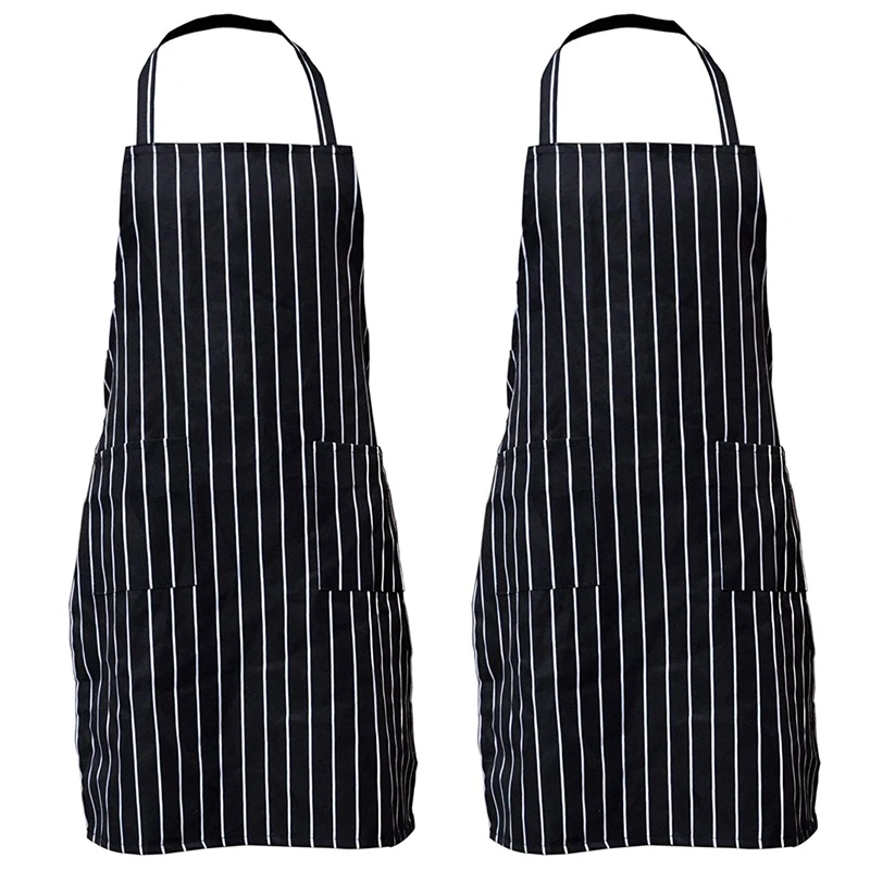 

2 Pack Stripe Bib Apron with Pockets Black Cooking Kitchen Chef Apron Gift for Women Men - 30.3 Inch Length By 24 Inch Width