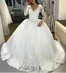 Роскошное Свадебное платье, бальное платье, пышное, длинный рукав, кружево, бисероплетение, Аппликации, 2019 новый дизайн, свадебное платье на