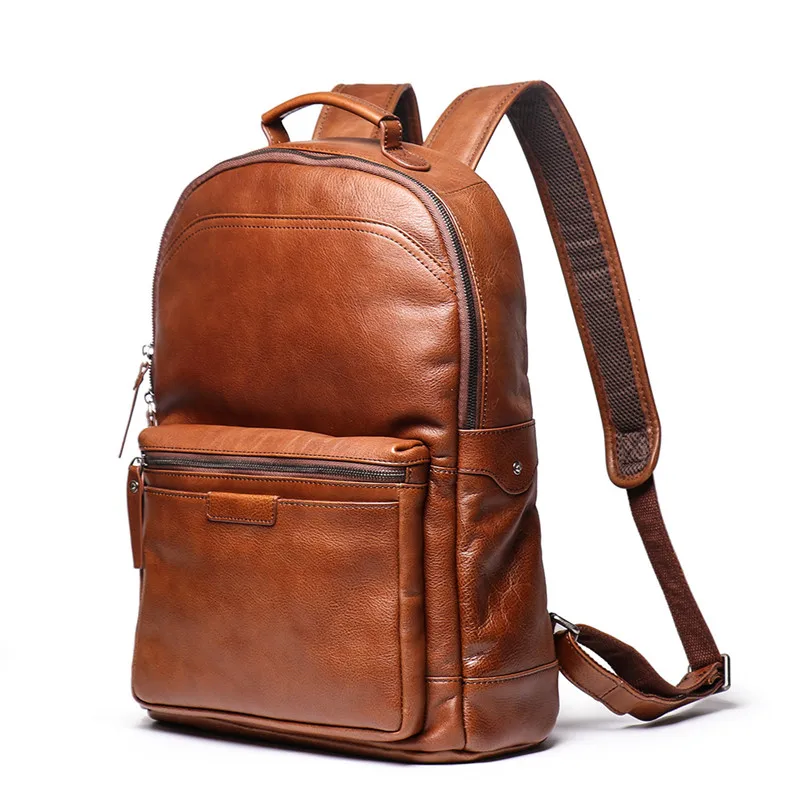 Neouo Brown Large Capacity Soft Leather Business Travel Backpack Side View