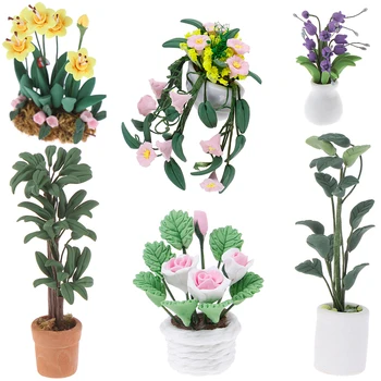 1:12 Doll House Miniature Fairy Garden Ornament Mini Potted Plant Flowers Pot DollHouse Decor Bonsai Model Kids Play Toys 1