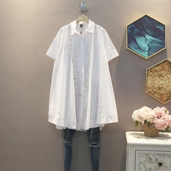 

[EWQ] 2020 Spring Summer New Arrivals Turn Down Collar Short Sleeve Solid Pattern Women Casual Loose Was Thin Shirt AY17811