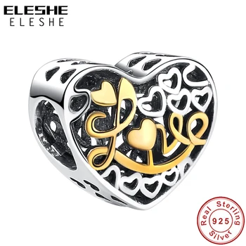

ELESHE Original 925 Sterling Silver Gold Love Heart Beads Charm fit Pandora Bracelets & Bangles Authentic Jewelry Accessories