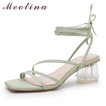 

Meotina Cross Strap Real Leather High Heel Sandals Narrow Band Women Shoes Square Toe Crystal Thick Heels Lady Sandals Green 40