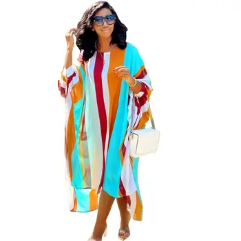 

Women New Striped Print Round Collar Loose Maxi Dress Sexy Beach Party Floor Length Long Sleeve Dresses Vestidos Femme