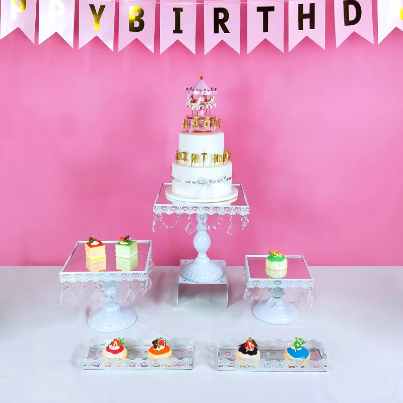 

Tobs white metal cupcake stand mirror face cake tray