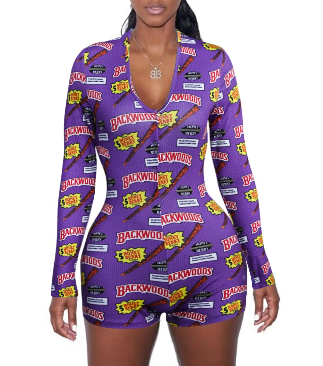 

Sexy Women V-neck Animal Print Bodycon Sleepwear Jumpsuit Button Bodysuit Shorts Romper 3 Colors Leotard Long Sleeve Bodysuit