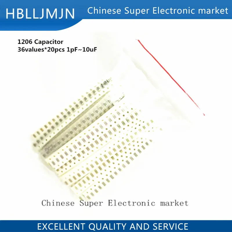 1206 SMD конденсатор Ассорти Комплект 36 значений * 20 шт = 7 1пф ~ 10 мкФ Образцы комплект