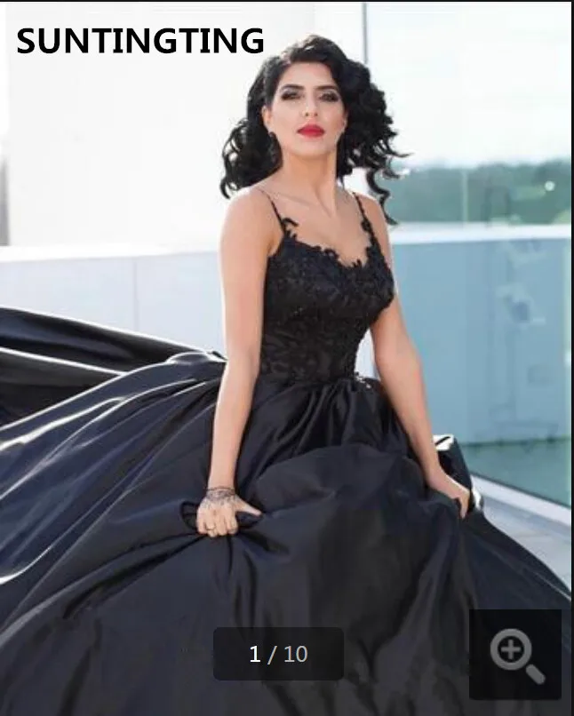 

Gothic Black satin v neck Wedding Dress Spaghetti Straps Lace Appliques Elegant Ball Gown Bridal Gowns sexy puffy wedding gowns