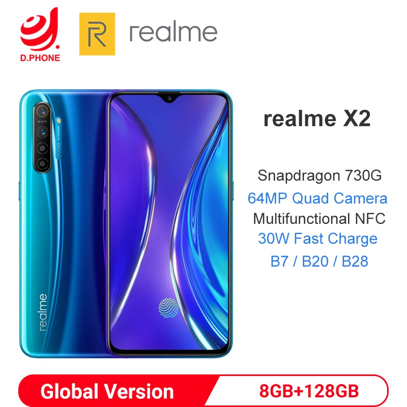 

Global Version realme X2 8GB 128GB NFC 6.4" Mobile Phone Snapdragon 730G 64MP Quad Camera Cellphone 30W Fast Charge Smartphone