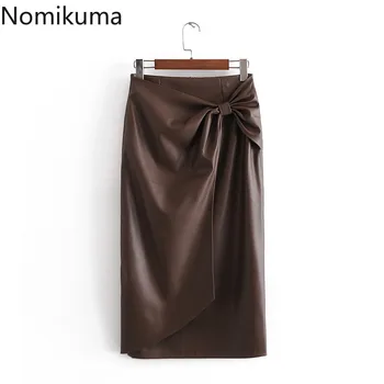 

Nomikuma 2020 Autumn Women PU Leather Skirt Fashion Bowknot High Waist Women Skirts Causal Slim Sexy Split Faldas Mujer 6C915