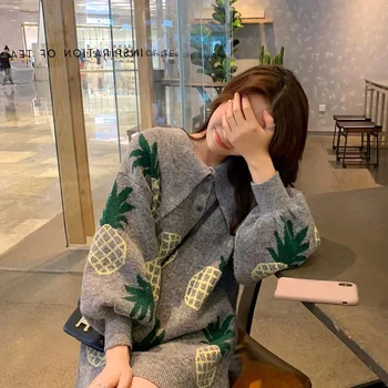 

2020 Autumn Winter New Korean Version Of Chic Simple Retro Sweet Fruit Pineapple Print Pullover Knitted Dress Women