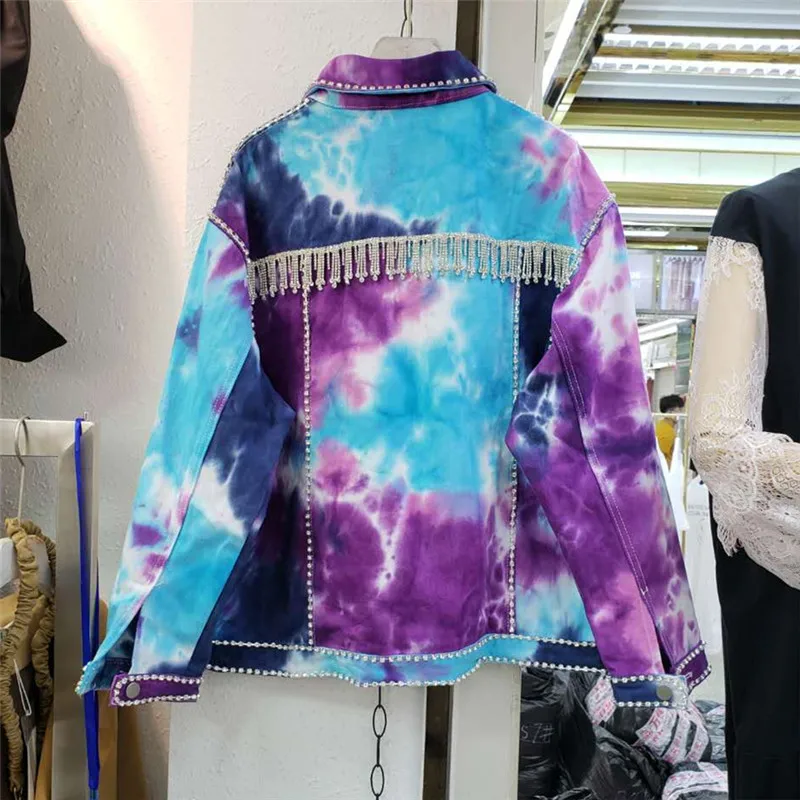 

Harajuku Jeans Jacket Women 2020 Spring Autumn Diamond Tassel Contrast Color Tie-dye Printed Cowboy Coat Long Sleeve Loose Coats