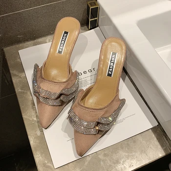 

Pointed toe rhinestone slippers summer women's shoes thin high heels ruffles sweet slide femme fat lesbian flip flops