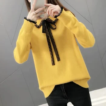 

Sweet Sweater Women Bow Tie Fashion Autumn Spring Sweaters Knitted Pullovers Long Sleeve Jumper Femme Clothing