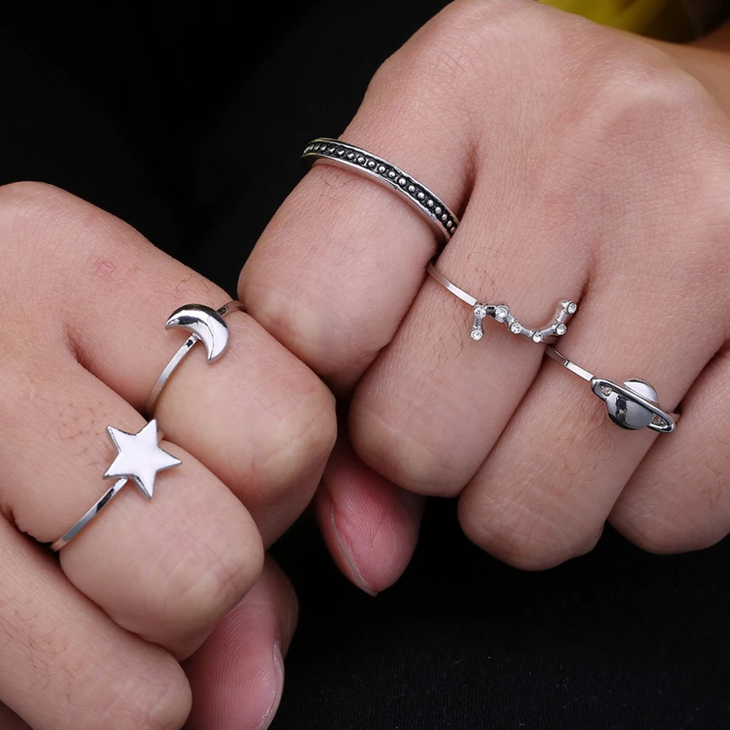5 pcs Gothic Crystal Stack Above  Sun Moon Heart Midi Finger Ring Ancient silver color