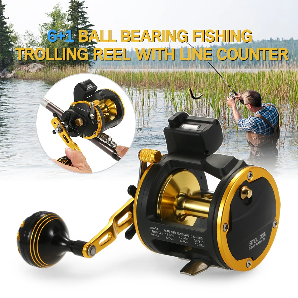 

6+1 Ball Bearing Fishing Trolling Reel with Line Counter Alarm Bell Drum Reel Fish Vessel Plate Bait Casting Wheel