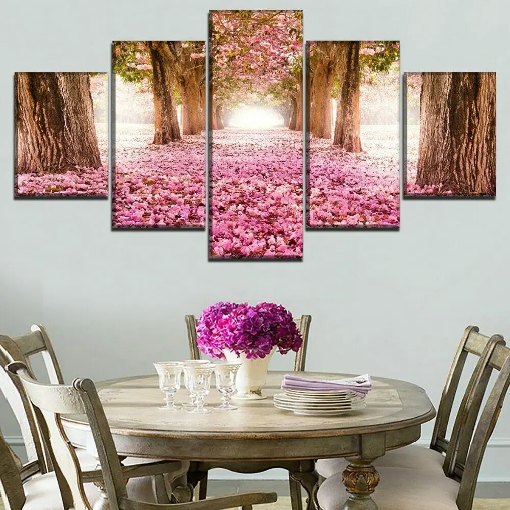 

5 Pcs Cherry Blossom Road Scene Poster Modern Art Wall Pictures Prints HD Canvas Home Living Room Decoration No Framed