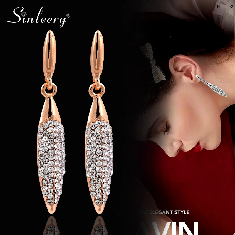 SINLEERY Black Gold Color Full Cubic Zirconia Leaf Shape Dangle Earrings For Women Costume Jewelry Accessories ES250 SSB | Украшения и