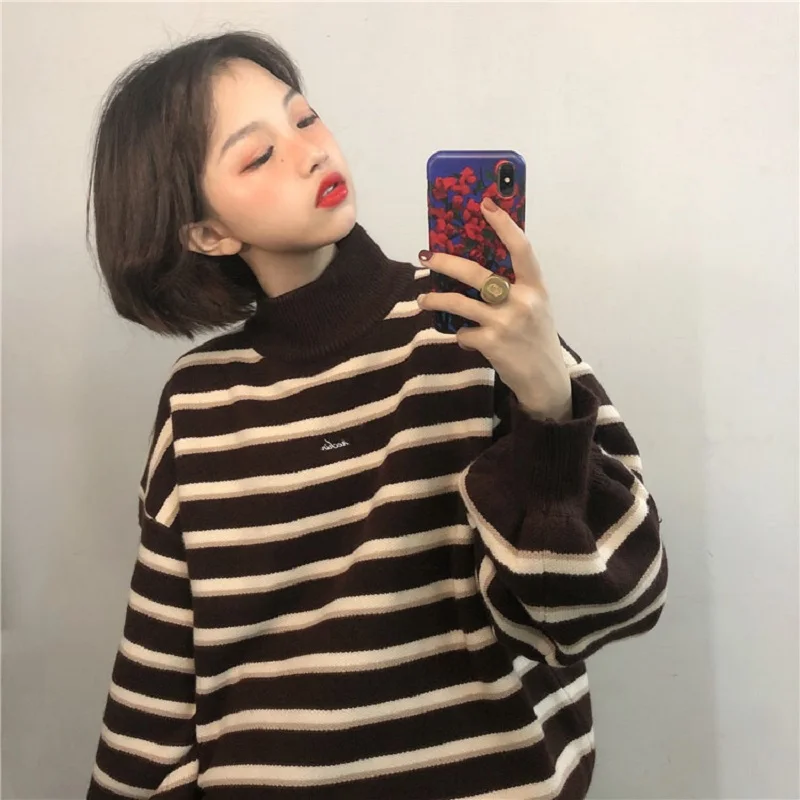 Корейский ins Harajuku зимний модный винтажный полосатый вязаный свитер с высоким воротником, Женский Винтажный толстый свободный свитер в стиле панк