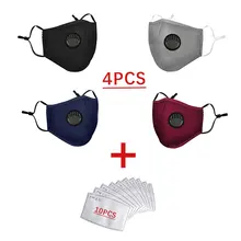 Masque facial en coton avec filtre, 4 pièces + 10 pièces, respirateur, lavable, à Valve, réutilisable, Anti-poussière